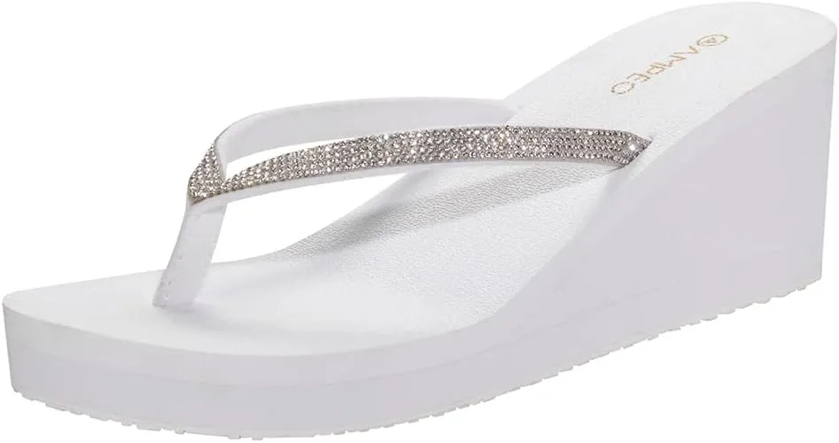 Ampeo Women's Wedge Sandals Rhinestone Thong Platform Flip Flops