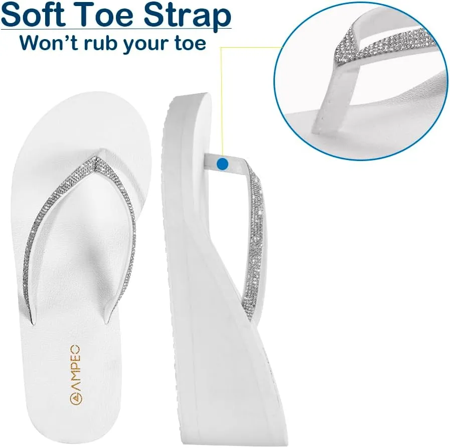 Ampeo Women's Wedge Sandals Rhinestone Thong Platform Flip Flops