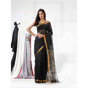 Angoshobha Black Cotton Blended Festive Jamdani Saree with Unstitched Blouse