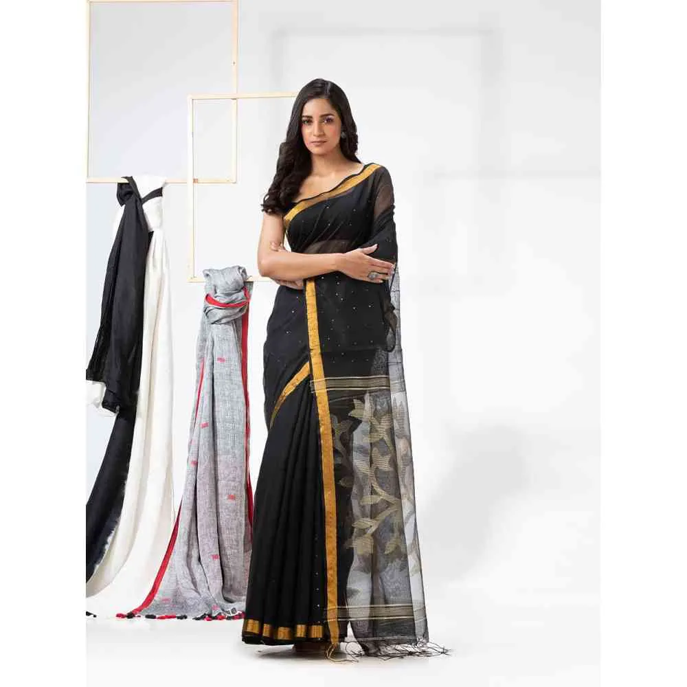 Angoshobha Black Cotton Blended Festive Jamdani Saree with Unstitched Blouse