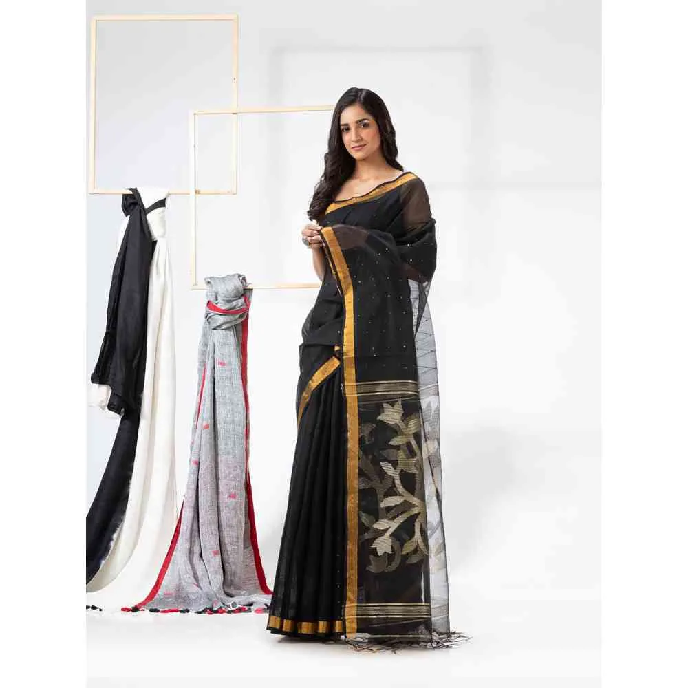 Angoshobha Black Cotton Blended Festive Jamdani Saree with Unstitched Blouse