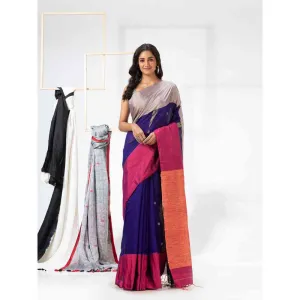 Angoshobha Cotton Blended Blue Handloom Festive Saree with Unstitched Blouse