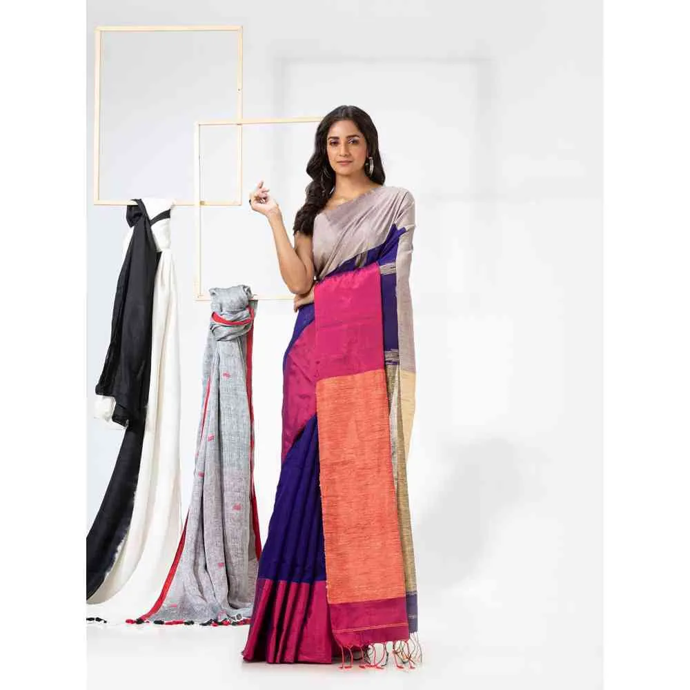 Angoshobha Cotton Blended Blue Handloom Festive Saree with Unstitched Blouse