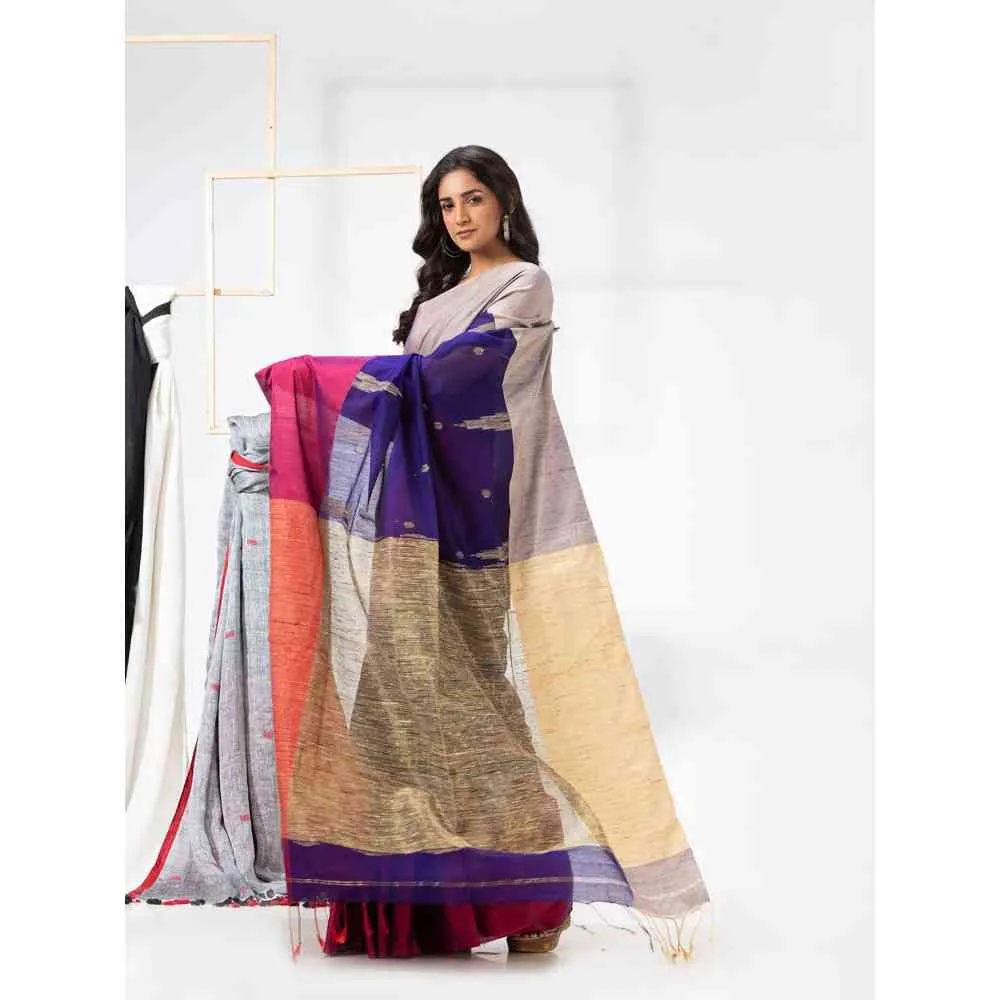 Angoshobha Cotton Blended Blue Handloom Festive Saree with Unstitched Blouse