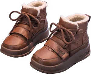 Big Kids Lace-up Platform Warm Fr Lined Snow Boots, Comfortable Thick Sole Water-Proof Winter Hiking Ankle Boots