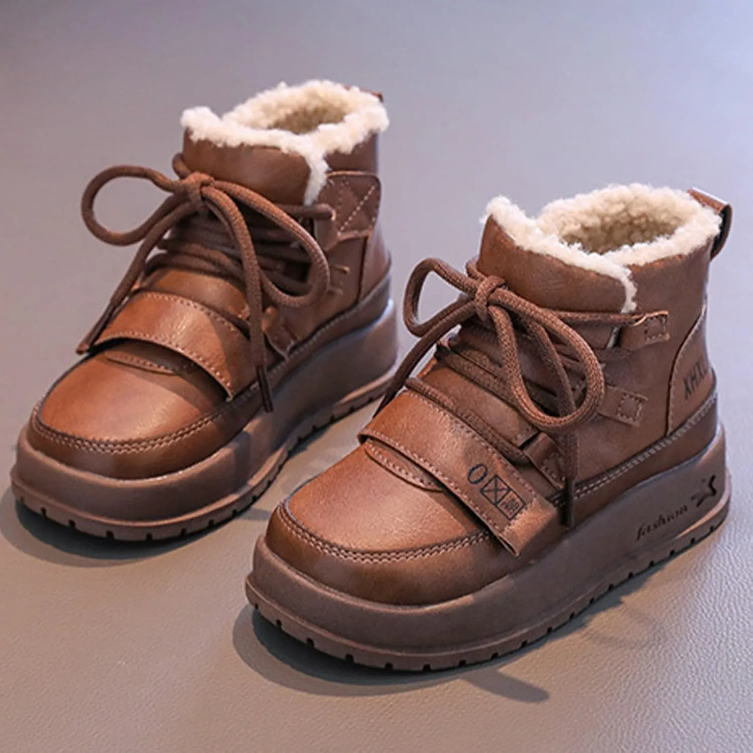 Big Kids Lace-up Platform Warm Fr Lined Snow Boots, Comfortable Thick Sole Water-Proof Winter Hiking Ankle Boots