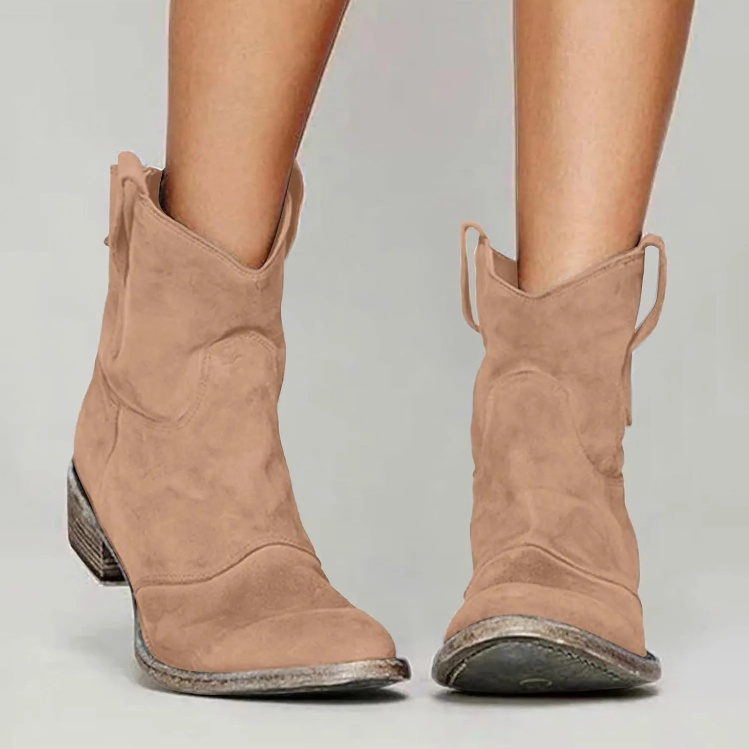 Cathalem Women's Western Cowboy Ankle Boots Low Heel Mid Calf Cowgirl Boots Slip On Round Toe Chunky Heel Fashion Retro Classic Boots Suede Back Zipper Fall Short Ankle Booties