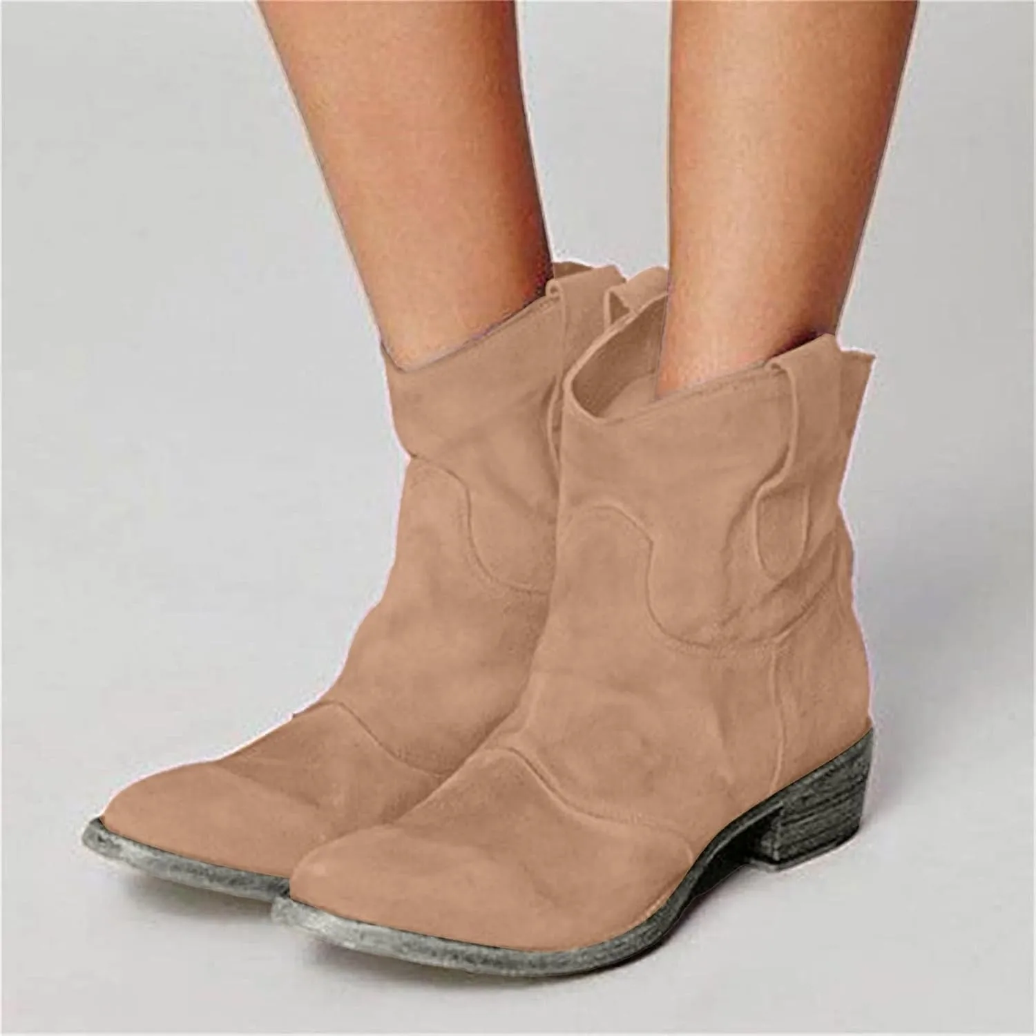 Cathalem Women's Western Cowboy Ankle Boots Low Heel Mid Calf Cowgirl Boots Slip On Round Toe Chunky Heel Fashion Retro Classic Boots Suede Back Zipper Fall Short Ankle Booties