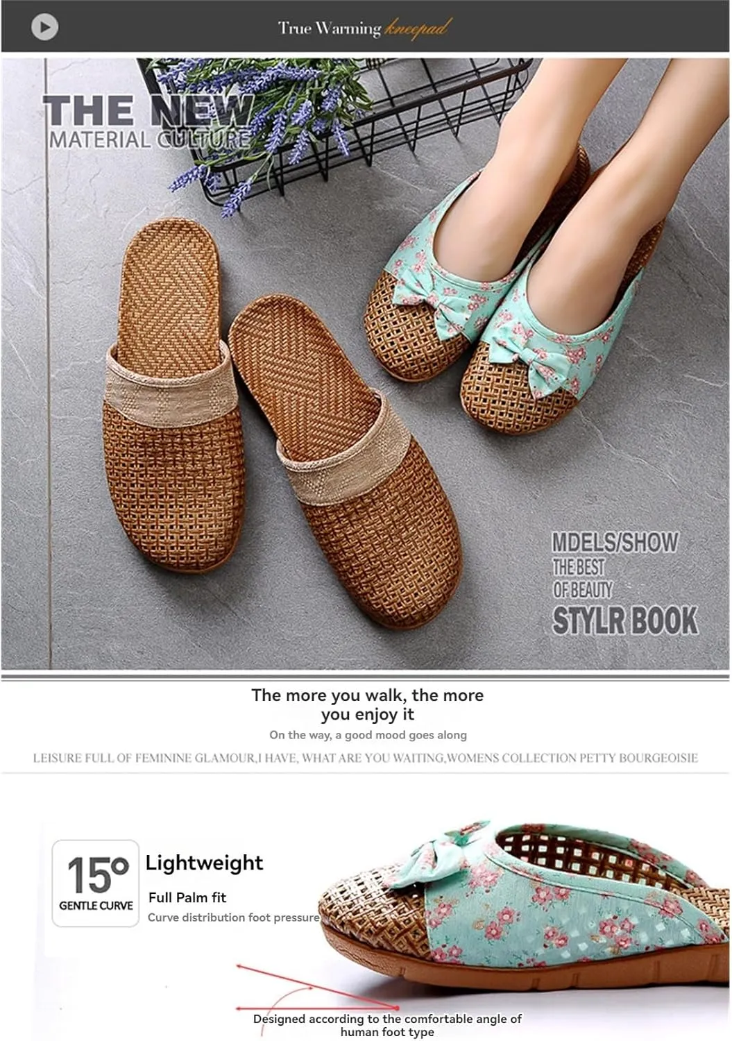 Closed Toe Sandals Women Summer Vine Grass Woven Comfortable Slip on Sandals Hollow Out Shower Breathable Linen Slippers for Women Men Walking