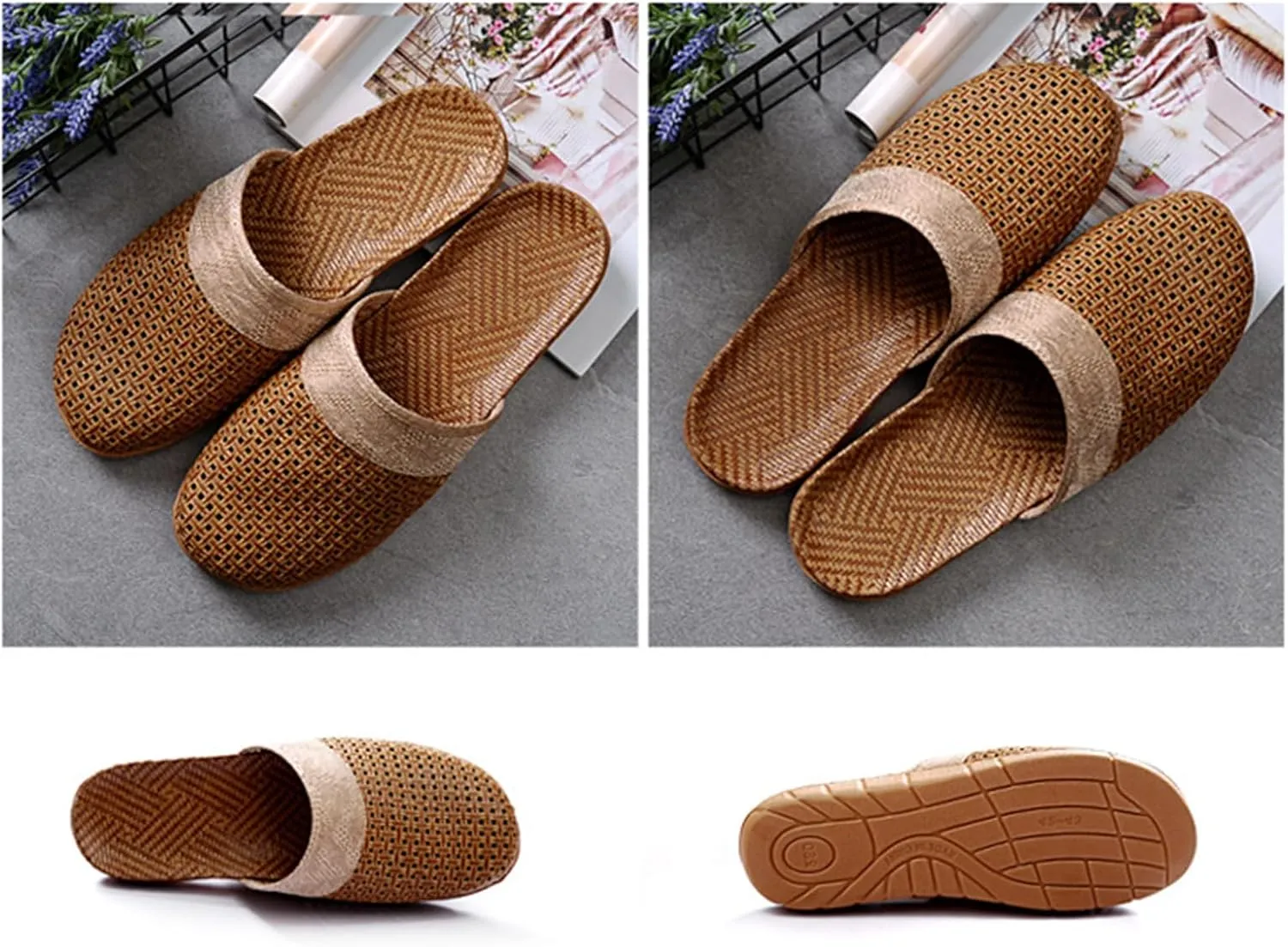 Closed Toe Sandals Women Summer Vine Grass Woven Comfortable Slip on Sandals Hollow Out Shower Breathable Linen Slippers for Women Men Walking