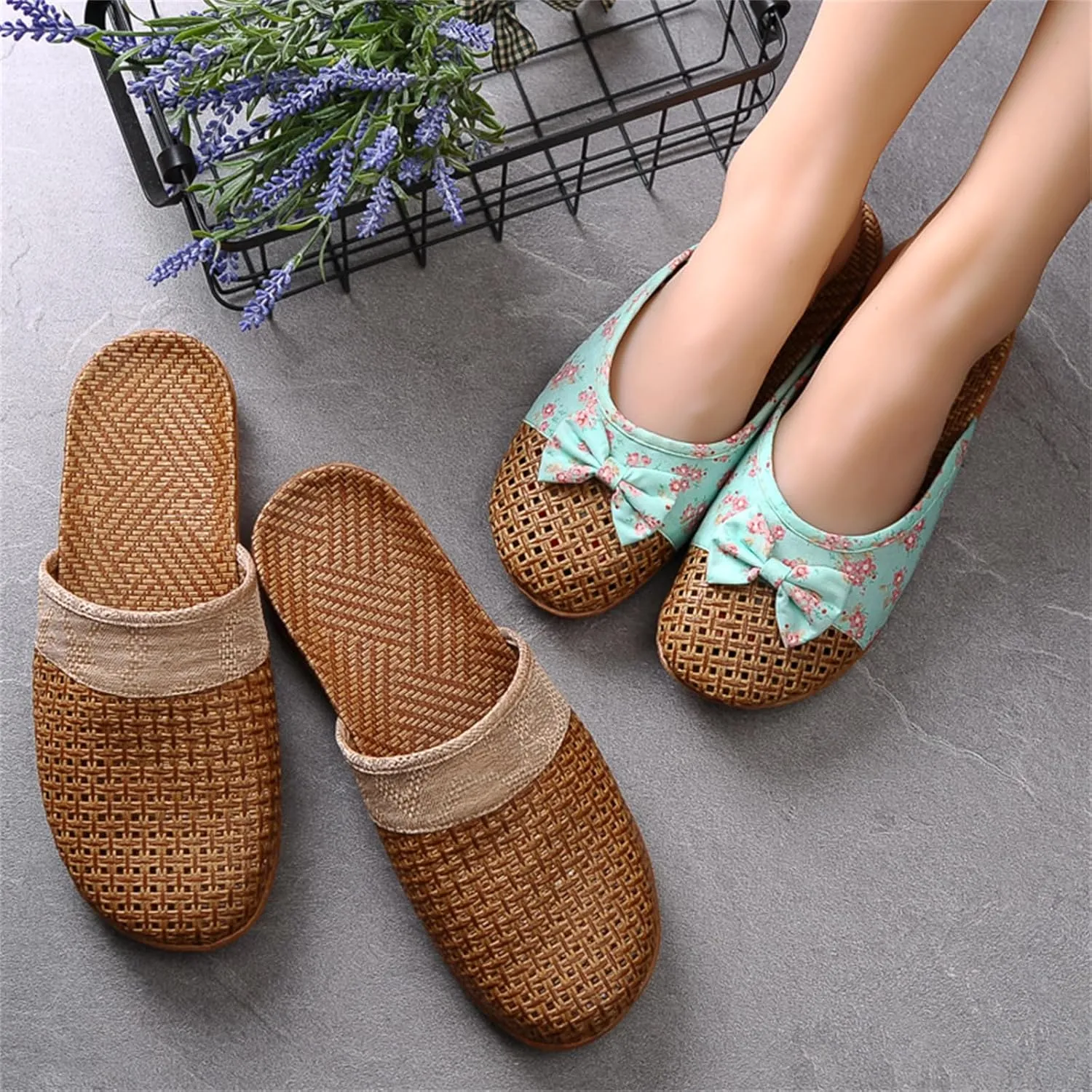Closed Toe Sandals Women Summer Vine Grass Woven Comfortable Slip on Sandals Hollow Out Shower Breathable Linen Slippers for Women Men Walking