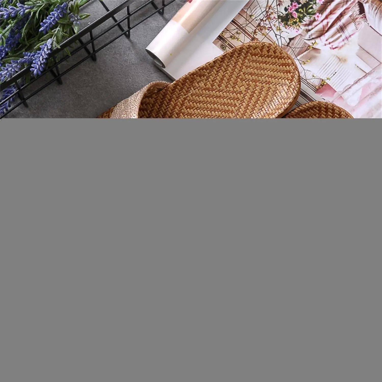 Closed Toe Sandals Women Summer Vine Grass Woven Comfortable Slip on Sandals Hollow Out Shower Breathable Linen Slippers for Women Men Walking