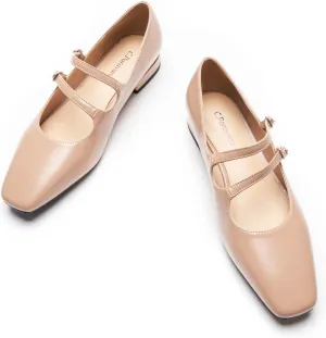 C.Paravano Women's Mary Jane Flats for Women| Square Toe Ballet Flats with Double Straps|Vintage-Inspired Dress Shoes for Work, Weddings, Casual Outings(Beige,7.5)