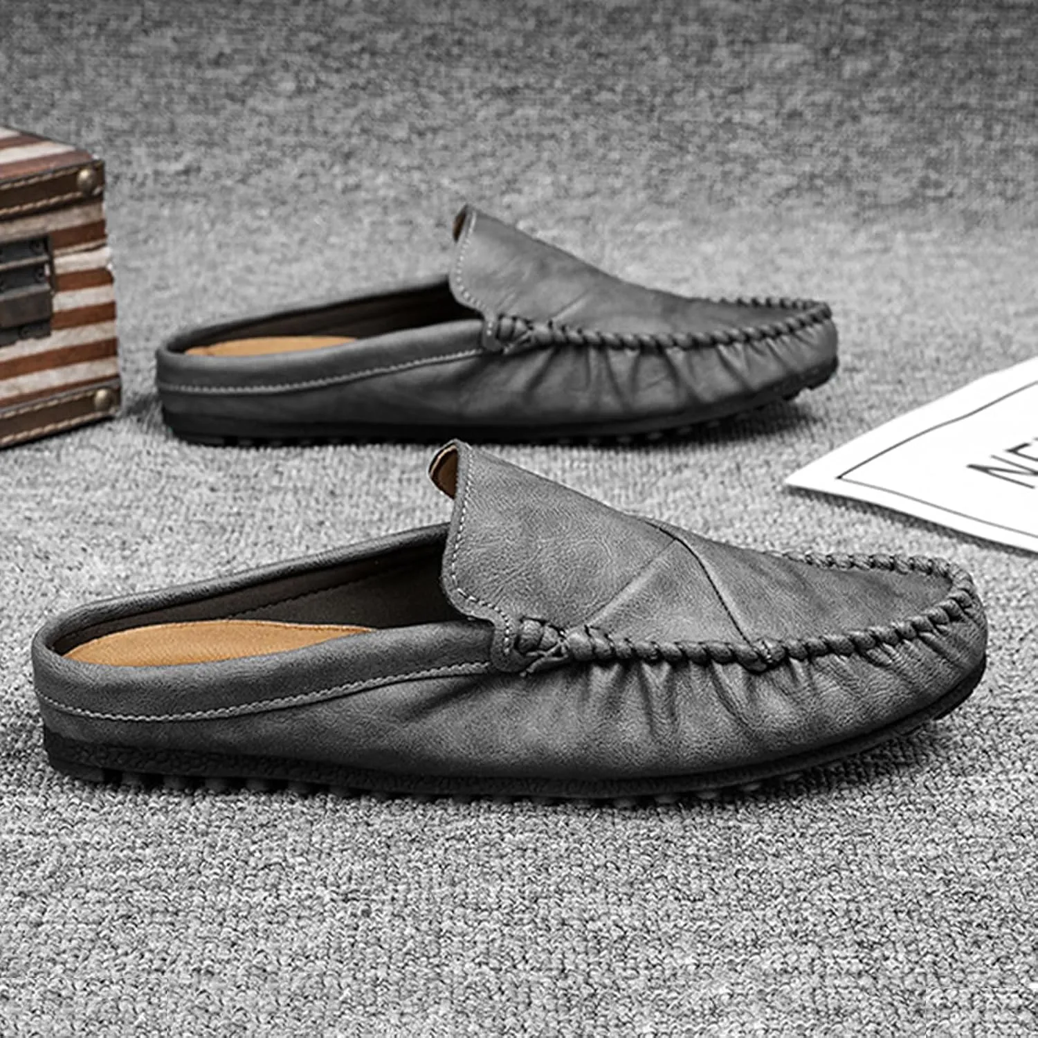 Crepuscute Men's Leather Causal Mules Lightweight Comfortable Slip On Casual Loafers Outdoor Fashion Business Dress Moccasins Driving Shoes
