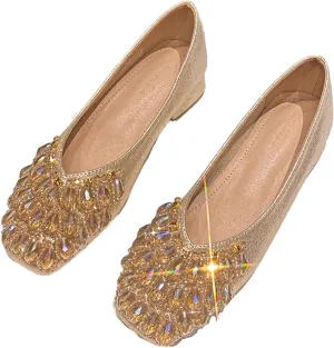 DESESE Women's Rhinestone Flats Sequins Wedding Shoes Fashion Low Heel Dress Shoes Casual Slip On Shoes Work Business Flats
