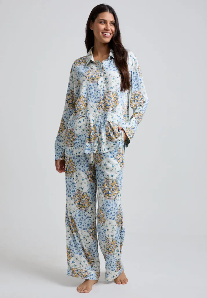 Evie Long Sleeve Summer Patchwork Print Pyjama Set In Multi