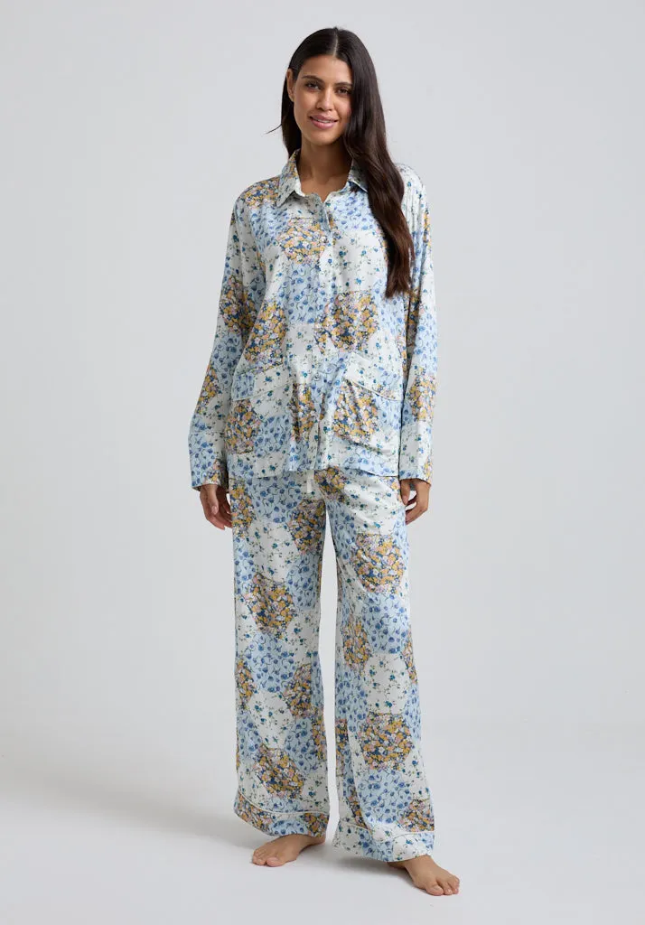 Evie Long Sleeve Summer Patchwork Print Pyjama Set In Multi