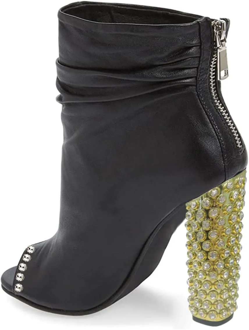 FSJ Women Stylish Peep Toe Slouch Ankle Boots Chunky Stacked Heels Crystal Studded Heel Party Evening Dress Shoes Size 4-15 US