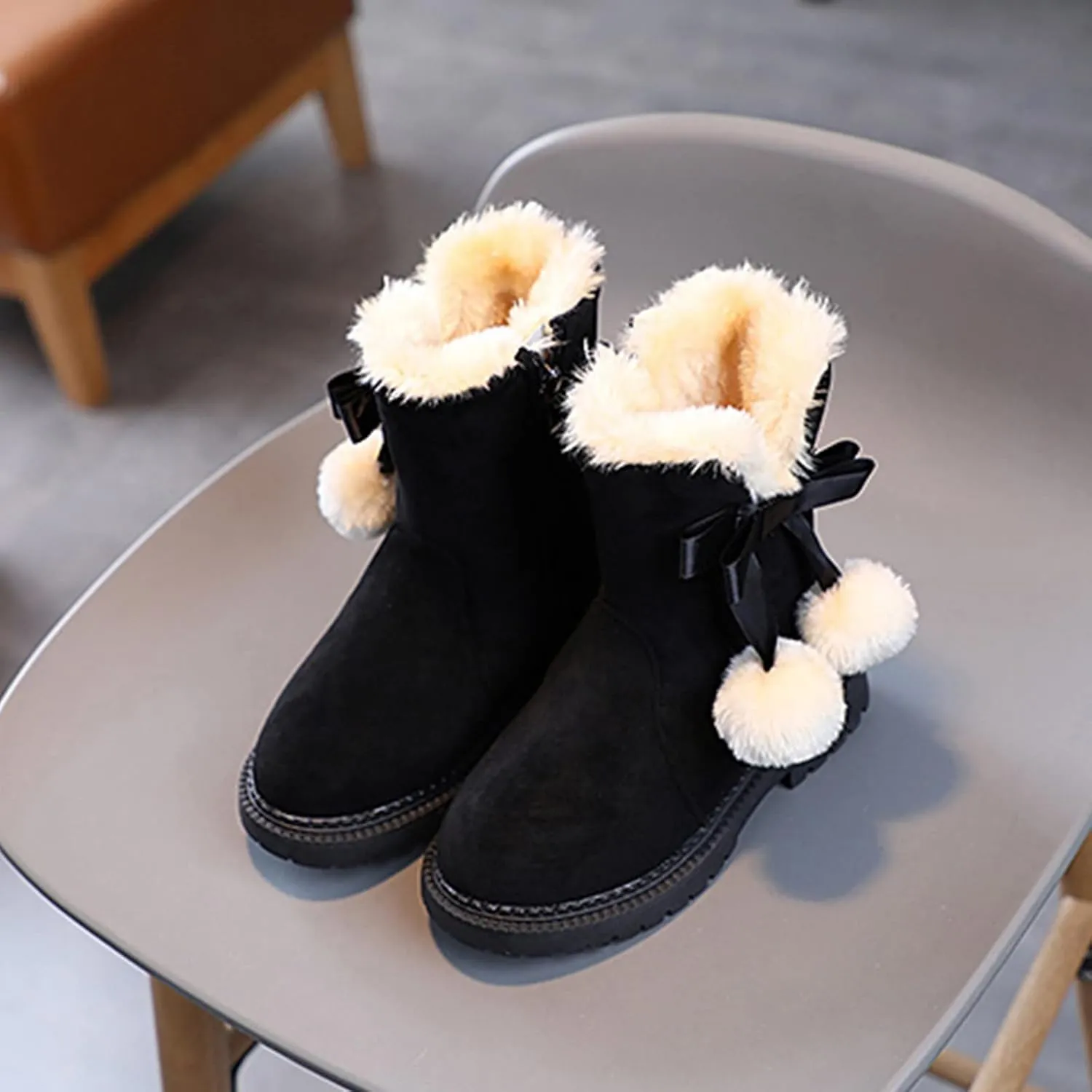 Fuzzy Lined Snow Booties For Toddler Baby Kids Girls Fleece Warm Boots With Side Zipper Winter Outdoor Slip On Shoes