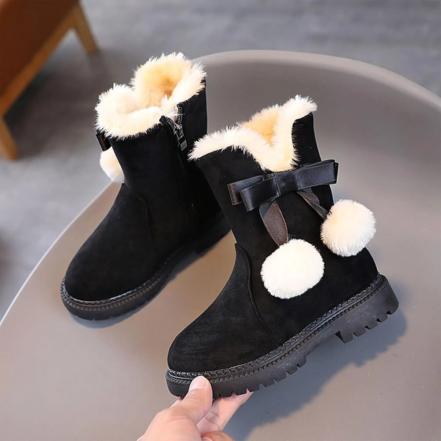 Fuzzy Lined Snow Booties For Toddler Baby Kids Girls Fleece Warm Boots With Side Zipper Winter Outdoor Slip On Shoes