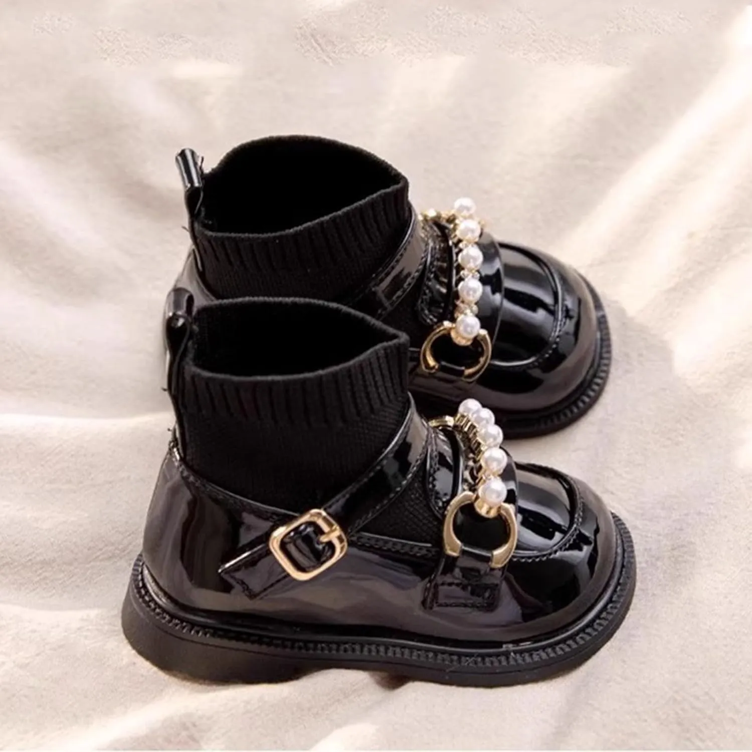 Girls Dress Boots Kids Buckle Knitted Socks Boots Parties School Leather Mary Jane Baby Riding Boots for Girls