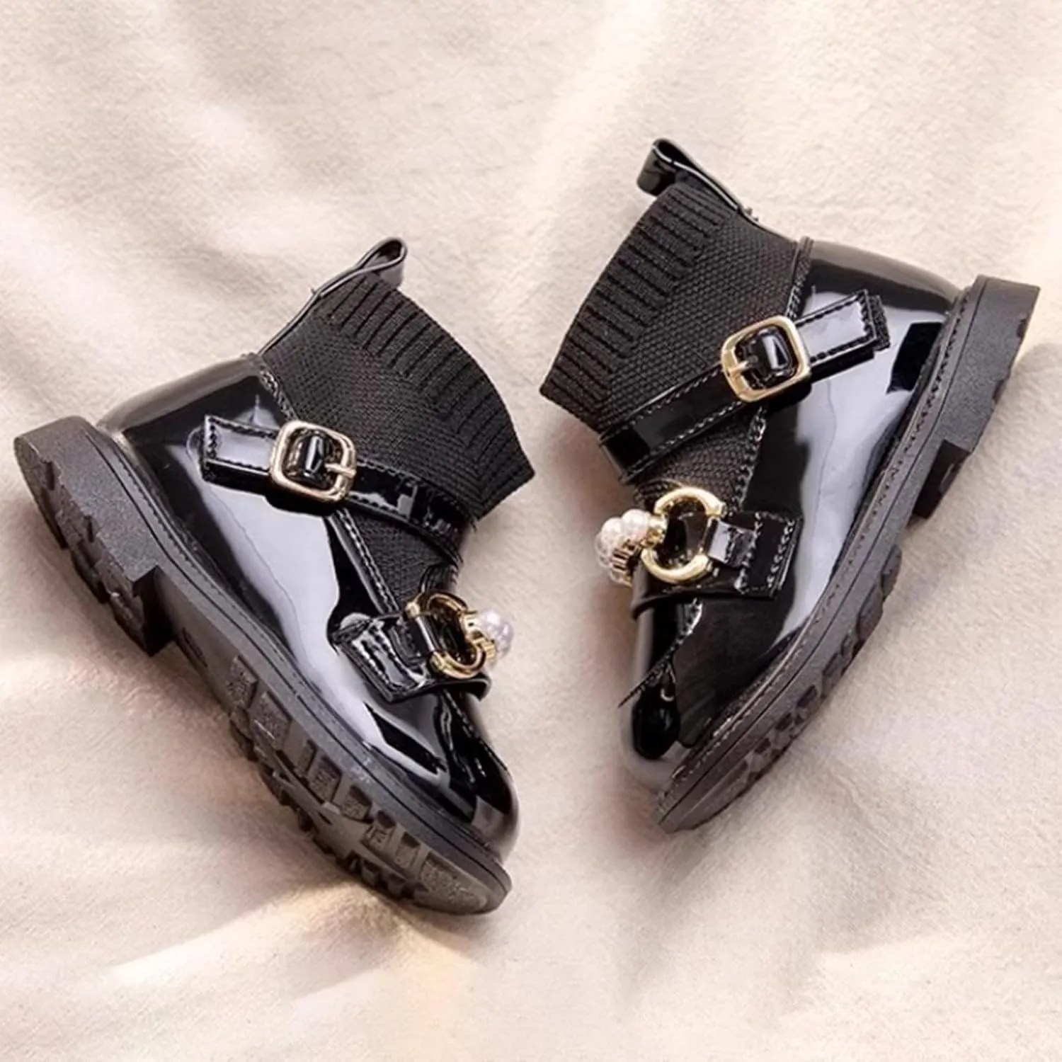 Girls Dress Boots Kids Buckle Knitted Socks Boots Parties School Leather Mary Jane Baby Riding Boots for Girls