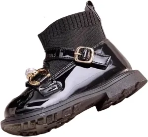 Girls Dress Boots Kids Buckle Knitted Socks Boots Parties School Leather Mary Jane Baby Riding Boots for Girls