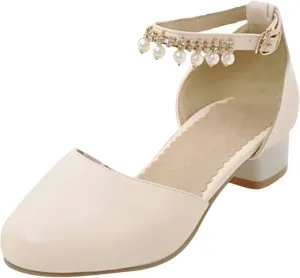 Girls Mary Jane Dress Shoes Pumps Low Heels Flower Party High School Prom Sandals Grils Closed Toe Sandals for Girls