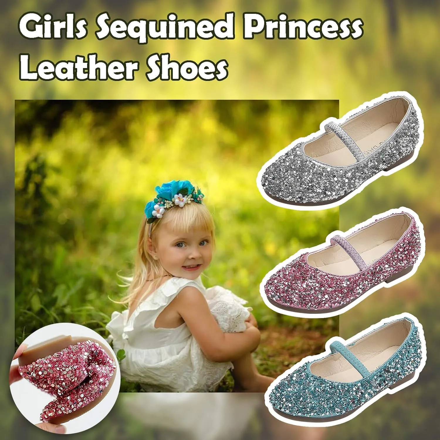 Girls Sequins Dress Shoes Kids Toddler Flower Girl Party Glitter Slip-On Princess Mary Jane Ballet Flats with Strap
