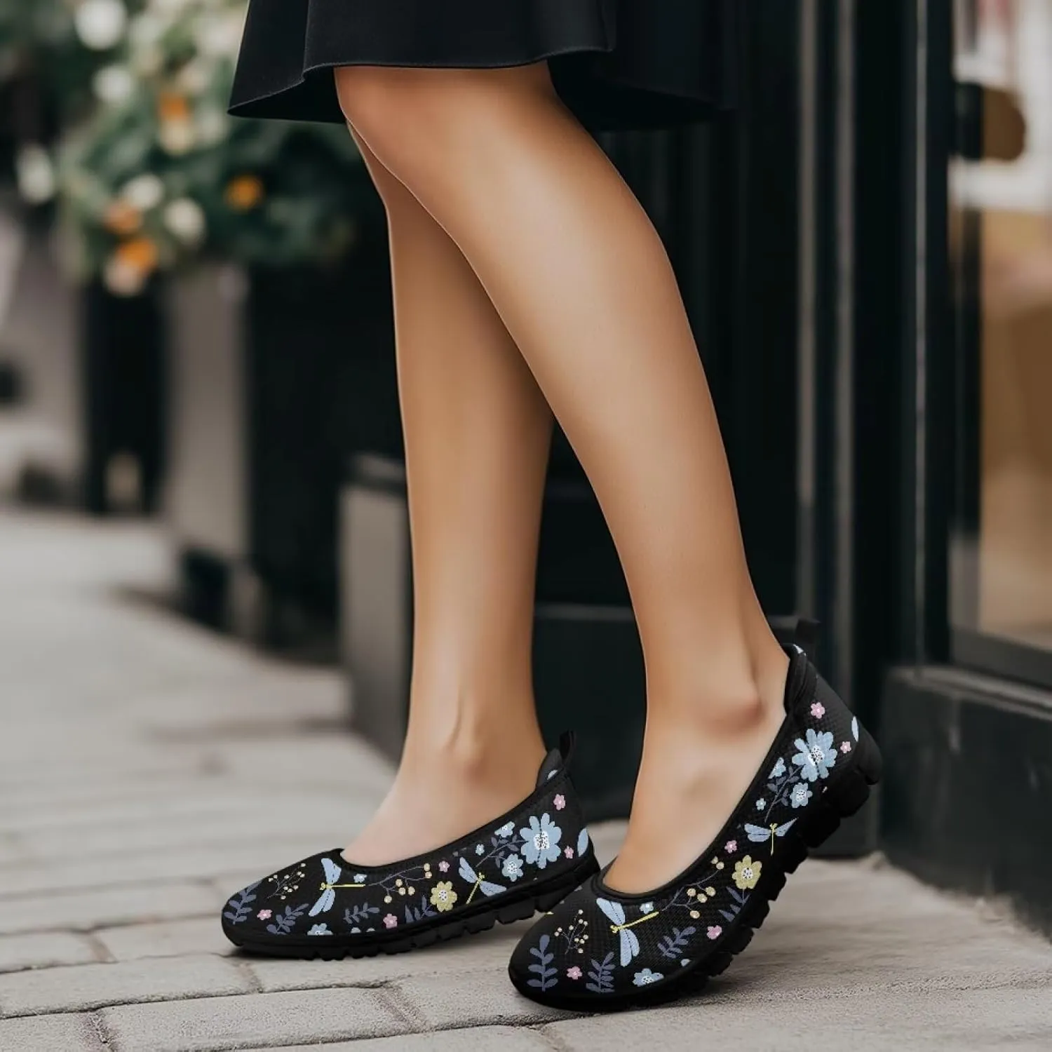 GOSTONG Women's Flats Round Toe Slip On Flats Shoes Casual Dress Shoes Breathable Non-Slip Travel Walking Shoes Black Sole Size 6-11