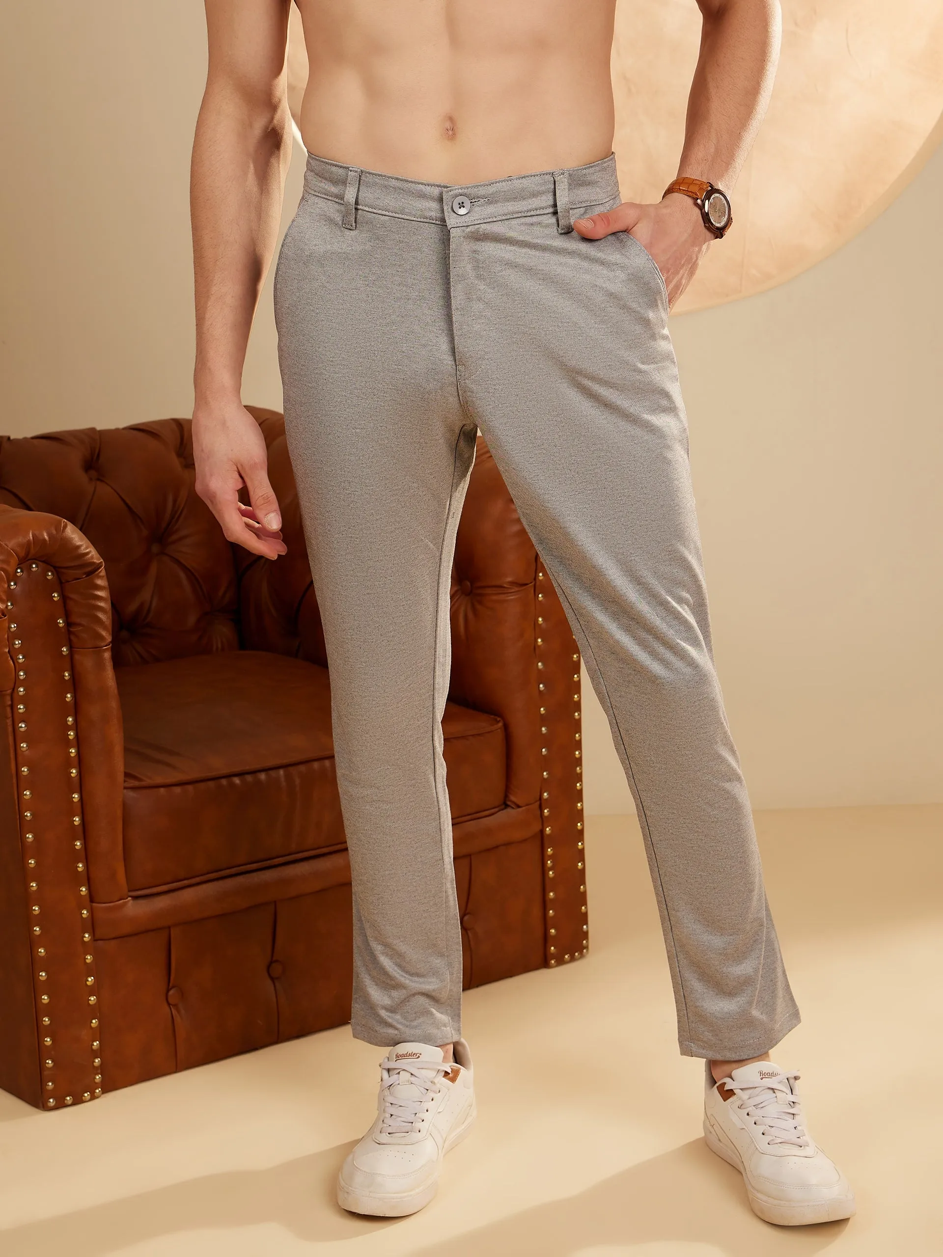 Grey: Textured Stretchable Chinos