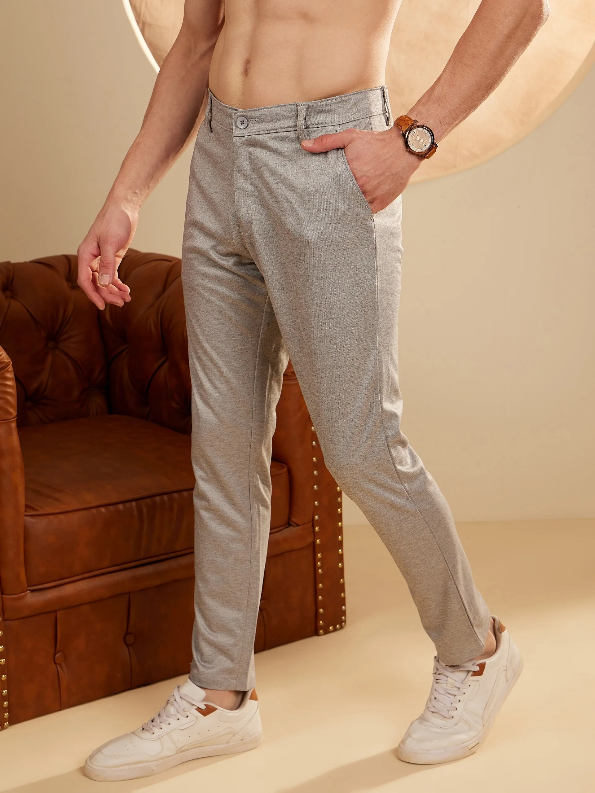 Grey: Textured Stretchable Chinos