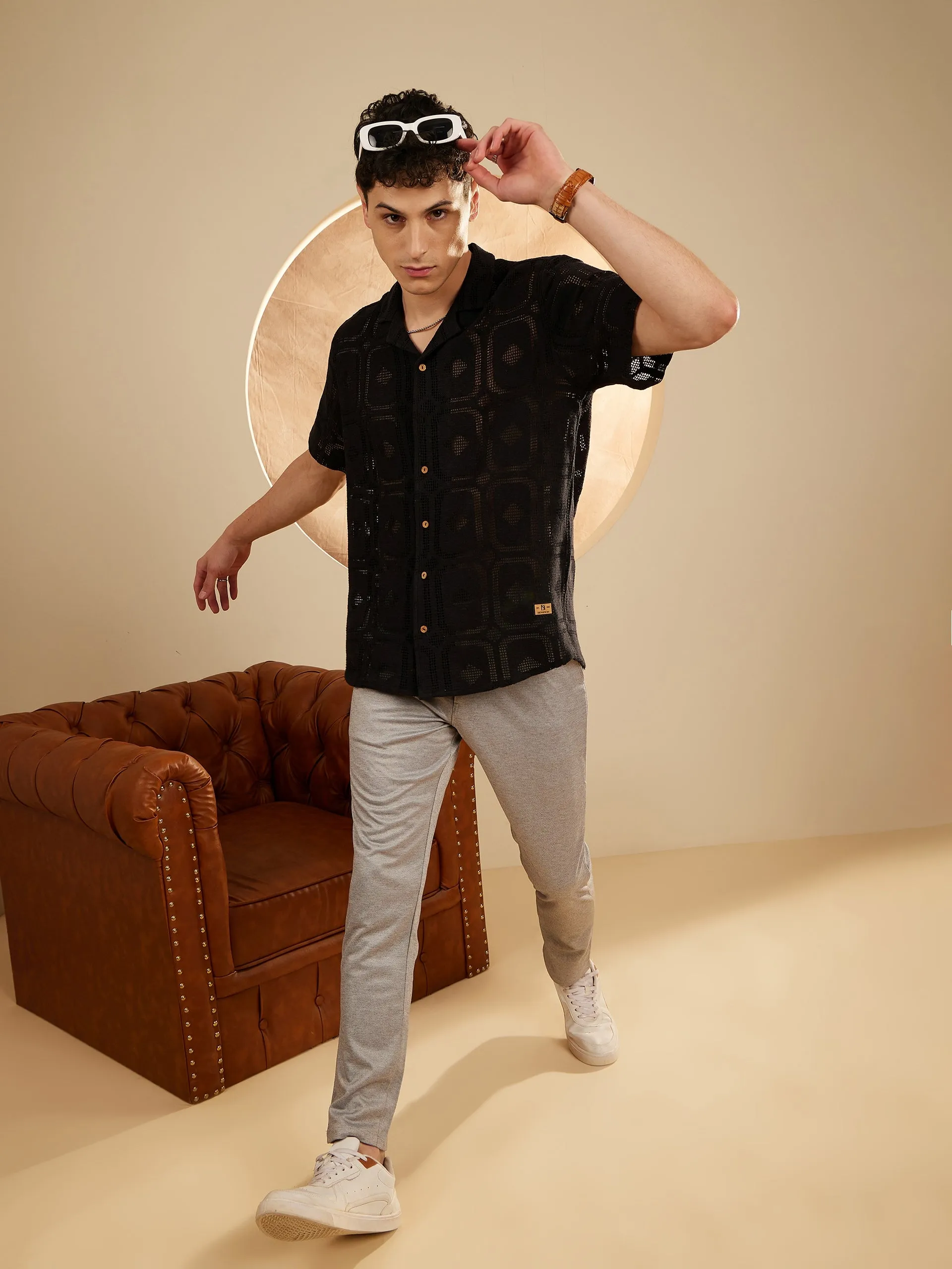 Grey: Textured Stretchable Chinos
