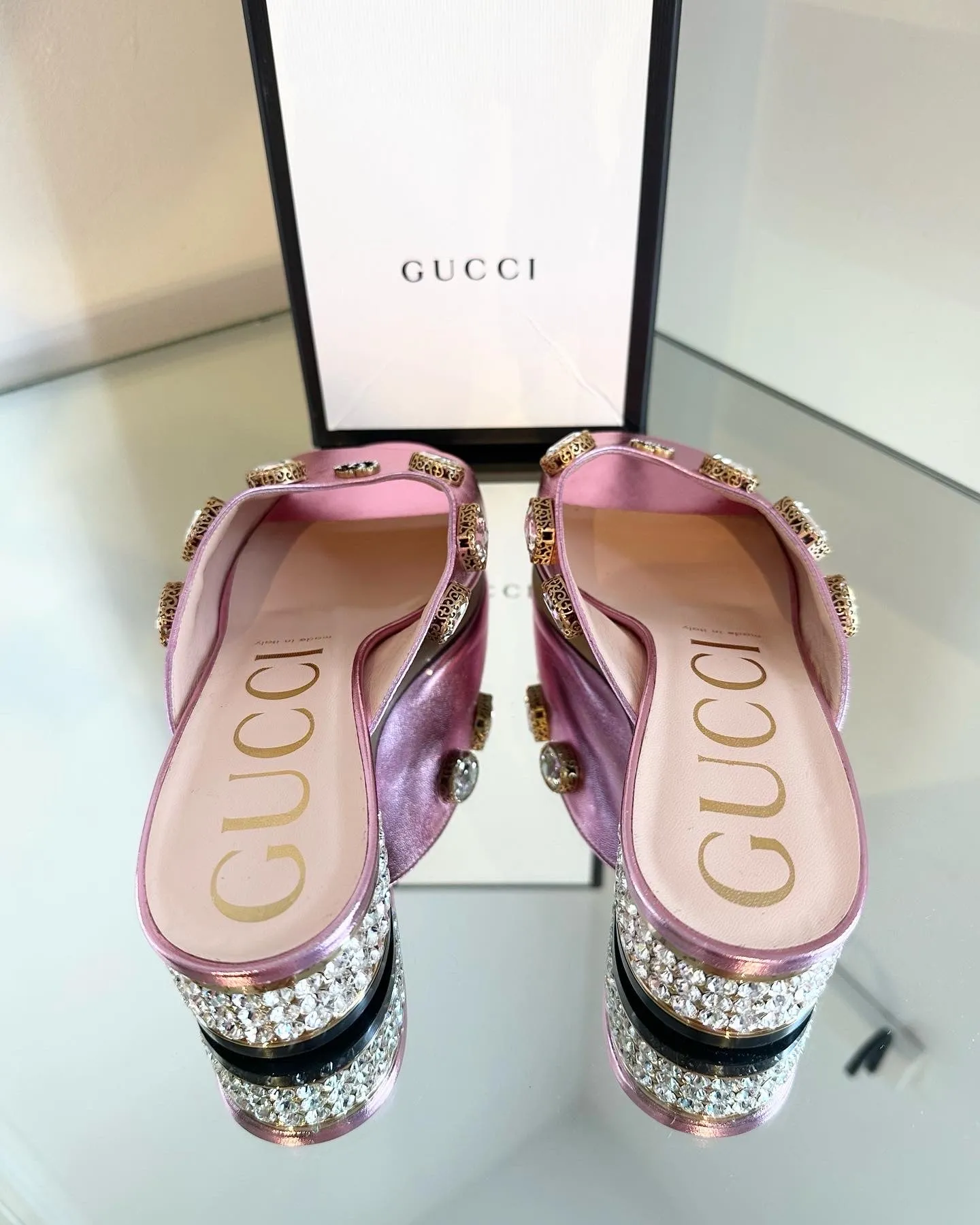 GUCCI Lyric Crystal Embellished Block Heel Leather Mules