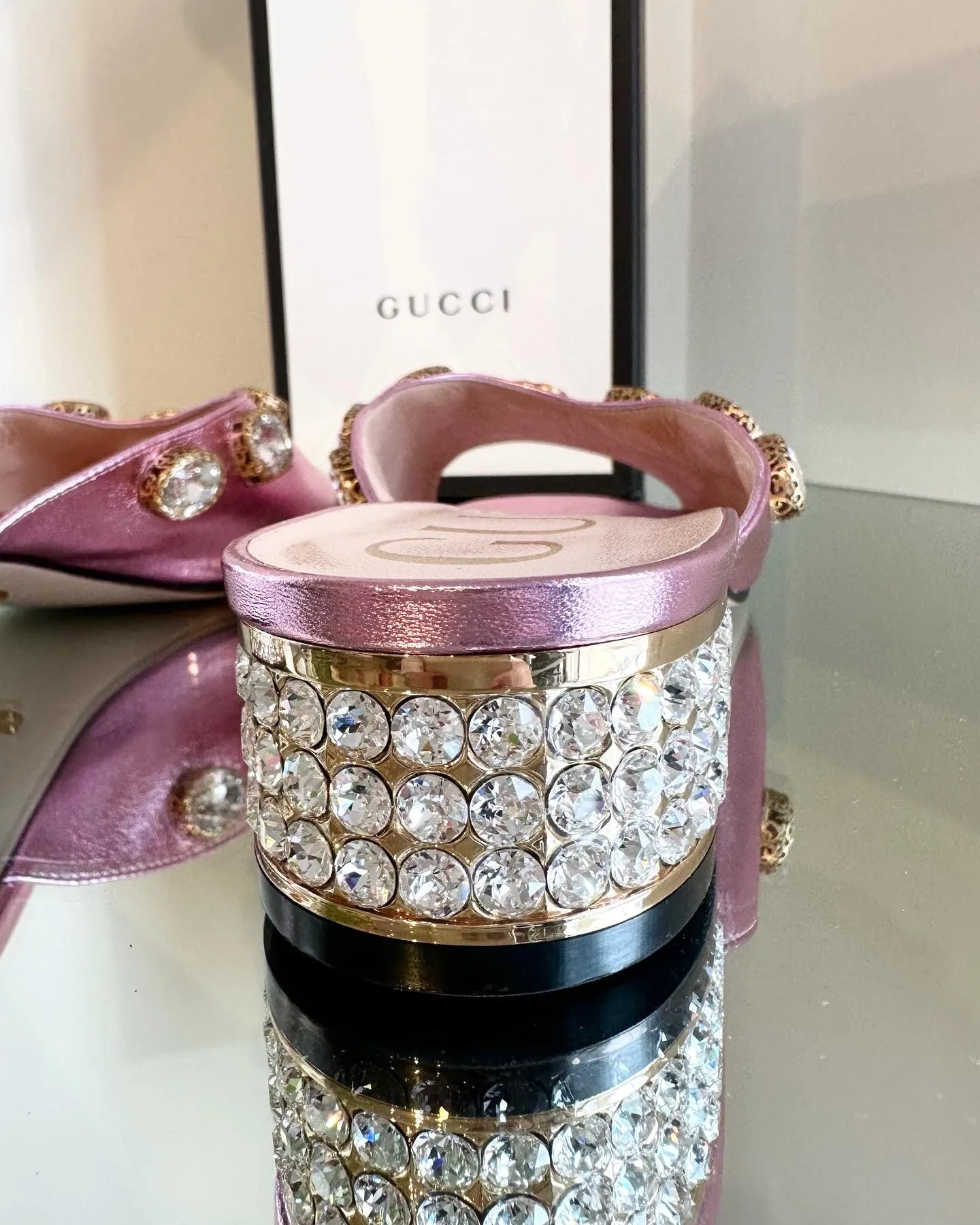 GUCCI Lyric Crystal Embellished Block Heel Leather Mules