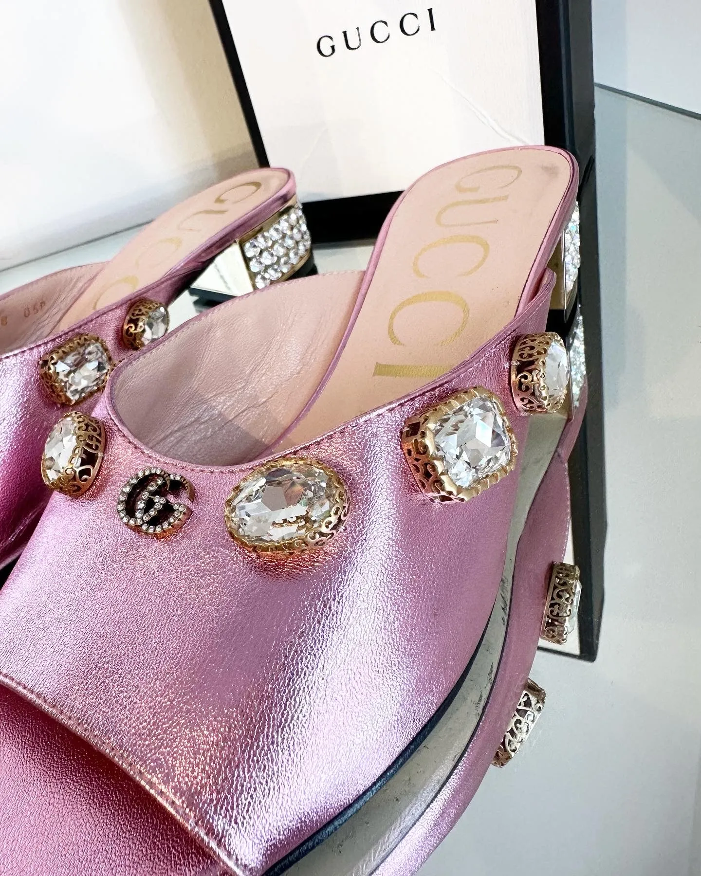GUCCI Lyric Crystal Embellished Block Heel Leather Mules