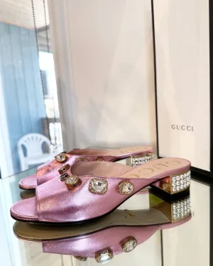 GUCCI Lyric Crystal Embellished Block Heel Leather Mules