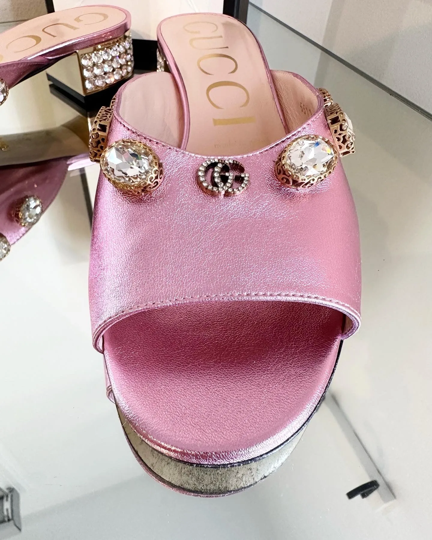 GUCCI Lyric Crystal Embellished Block Heel Leather Mules
