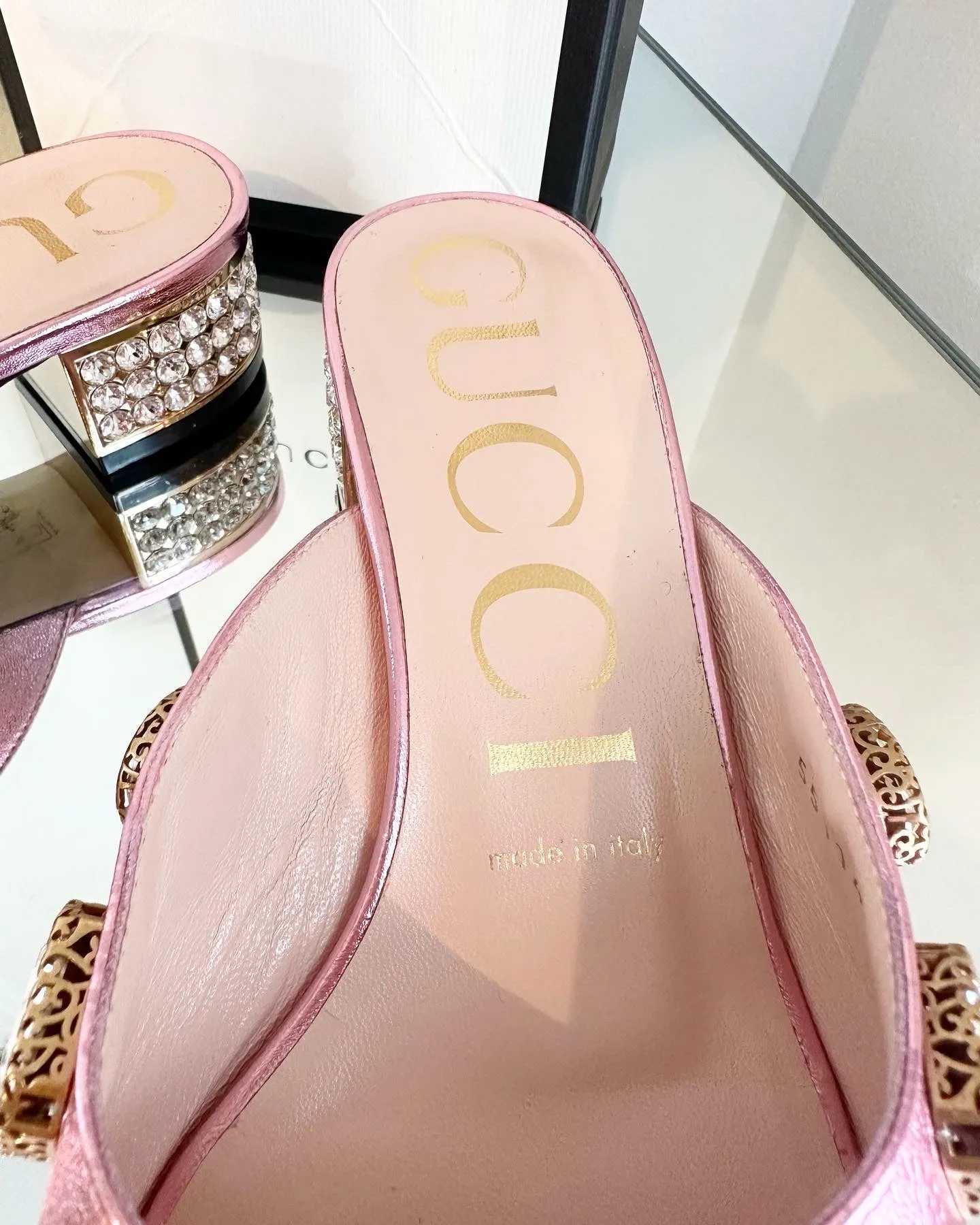 GUCCI Lyric Crystal Embellished Block Heel Leather Mules