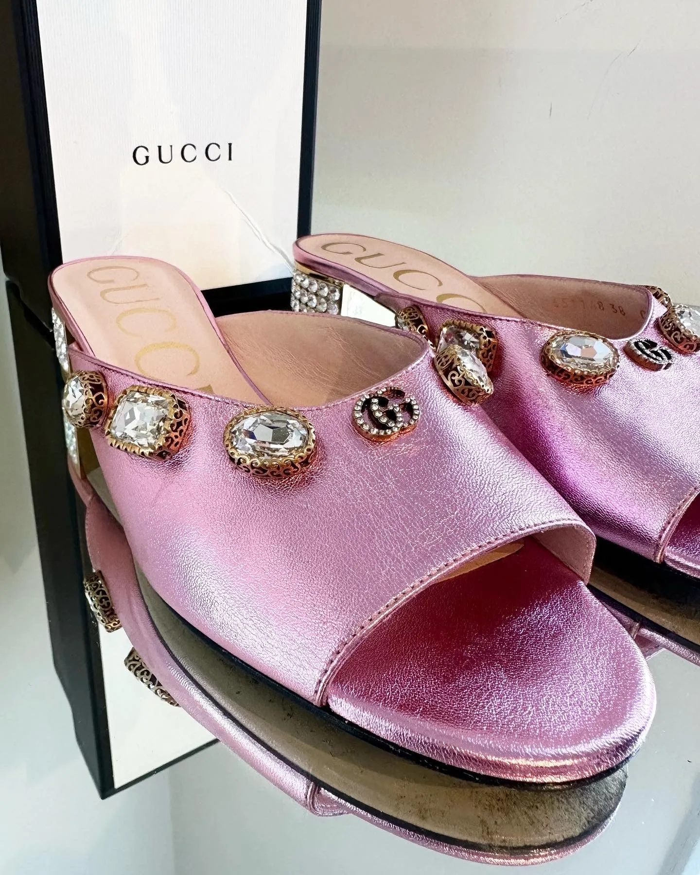 GUCCI Lyric Crystal Embellished Block Heel Leather Mules