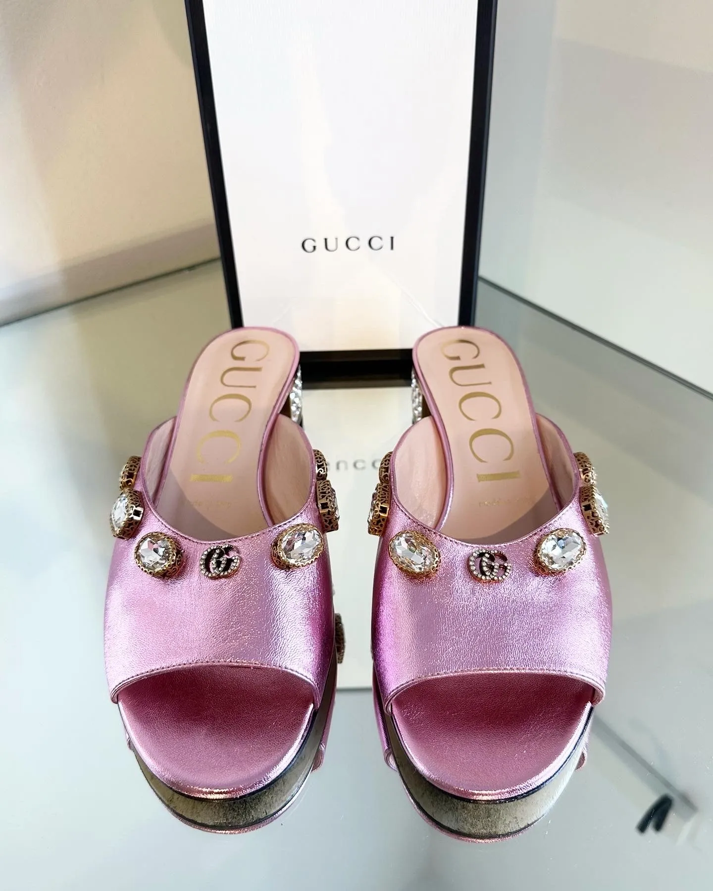 GUCCI Lyric Crystal Embellished Block Heel Leather Mules