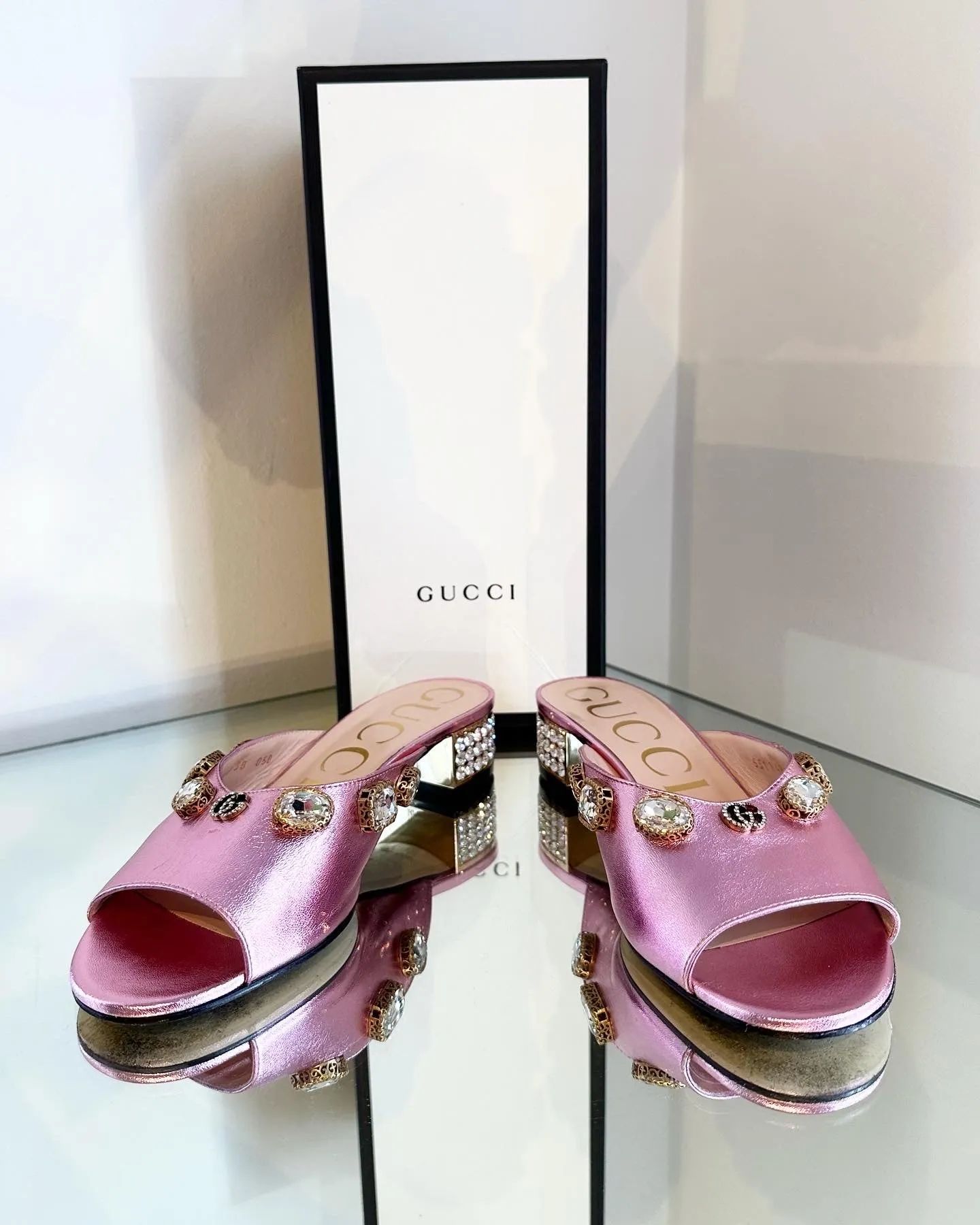 GUCCI Lyric Crystal Embellished Block Heel Leather Mules