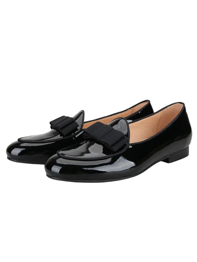 Handmade bow black patent leather men's loafers European and American party wedding banquet style slip-on genuine leather formal shoes for men