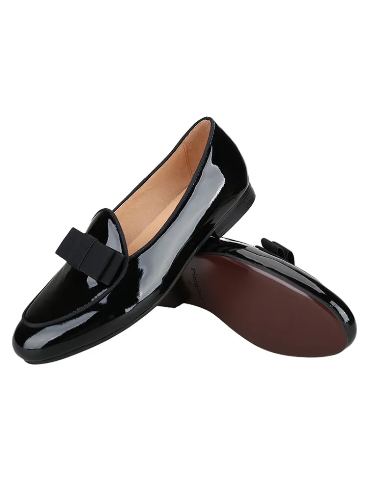 Handmade bow black patent leather men's loafers European and American party wedding banquet style slip-on genuine leather formal shoes for men