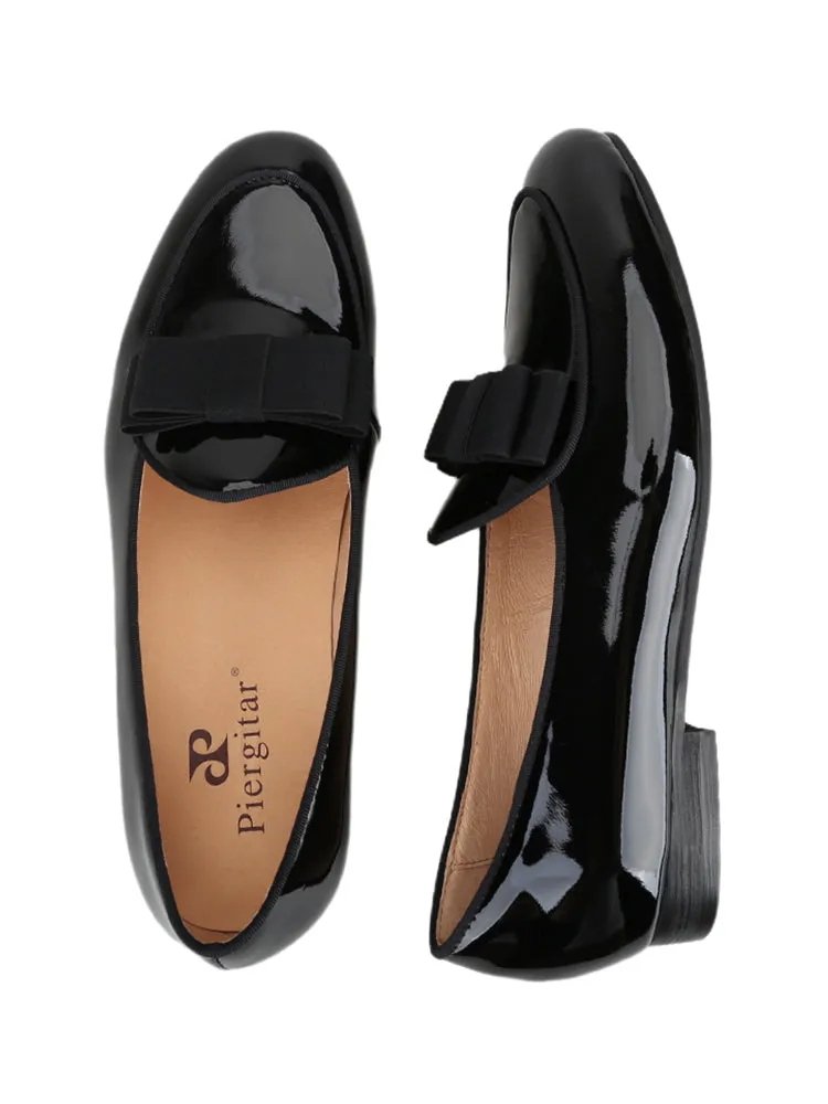 Handmade bow black patent leather men's loafers European and American party wedding banquet style slip-on genuine leather formal shoes for men