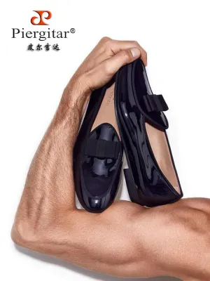 Handmade bow black patent leather men's loafers European and American party wedding banquet style slip-on genuine leather formal shoes for men