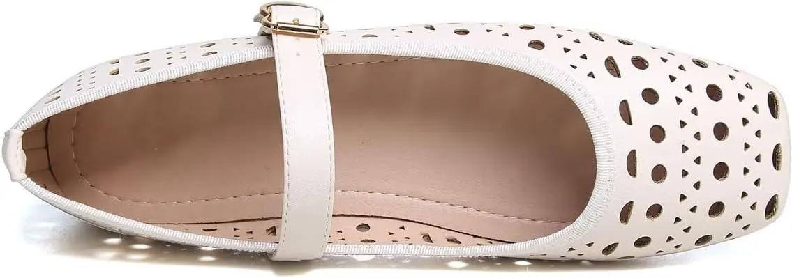 Hee grand Summer Hollow Out Ballet Flats for Women Fashion Square Toe Buckle Strap Mary Jane Flats Breathable Walking Shoes Soft Leather Dress Shoes