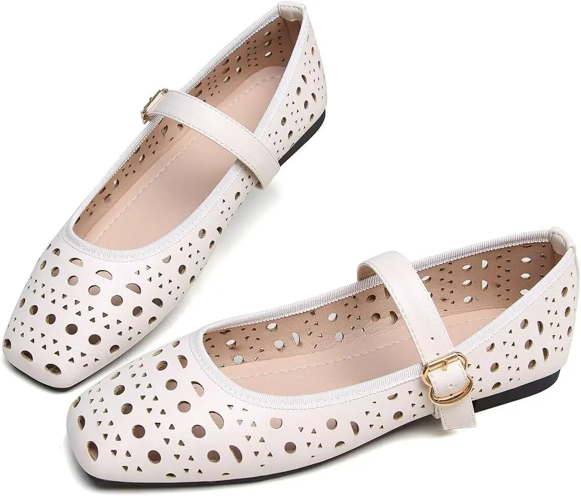 Hee grand Summer Hollow Out Ballet Flats for Women Fashion Square Toe Buckle Strap Mary Jane Flats Breathable Walking Shoes Soft Leather Dress Shoes