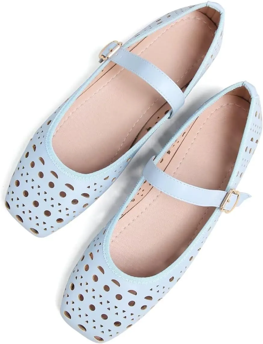 Hee grand Summer Hollow Out Ballet Flats for Women Fashion Square Toe Buckle Strap Mary Jane Flats Breathable Walking Shoes Soft Leather Dress Shoes