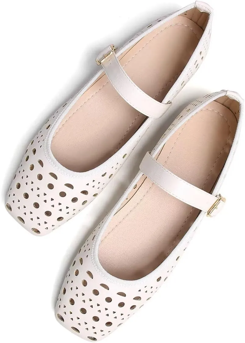 Hee grand Summer Hollow Out Ballet Flats for Women Fashion Square Toe Buckle Strap Mary Jane Flats Breathable Walking Shoes Soft Leather Dress Shoes